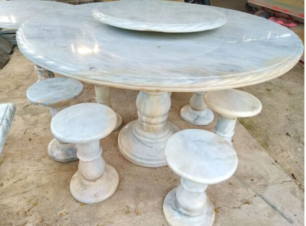 MARBLE TABLE WITH LAZY SUSAN 150 CM WITH 8 STOOLS